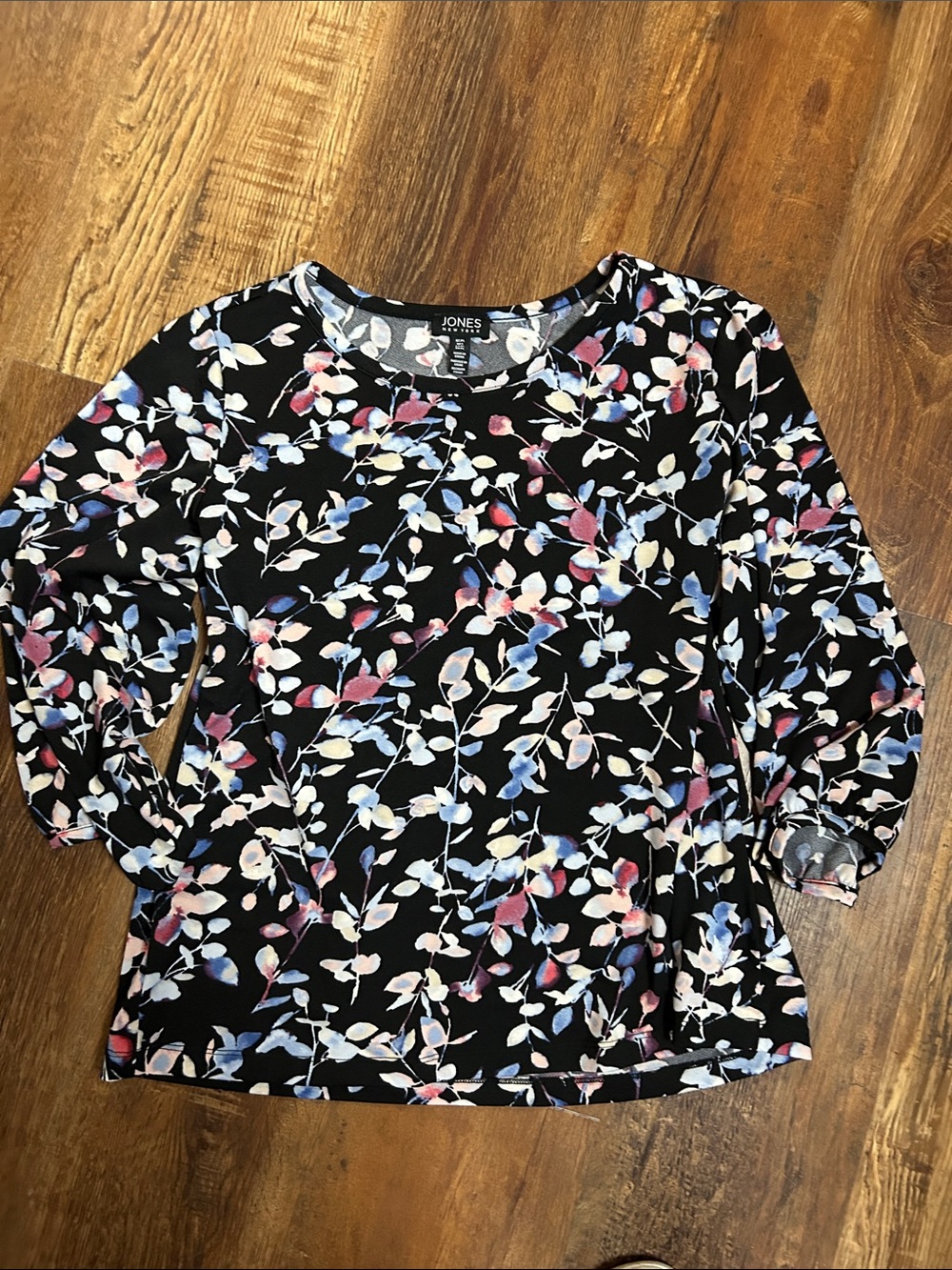 Jones New York Black Floral Print Long-Sleeve Top with Pink & Blue Accents